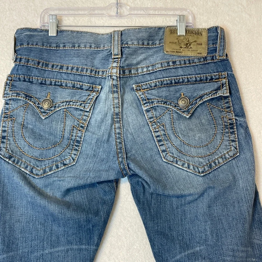True Religion Mens Distressed Straight Leg Jeans Blue Medium Wash Size 34 AD44